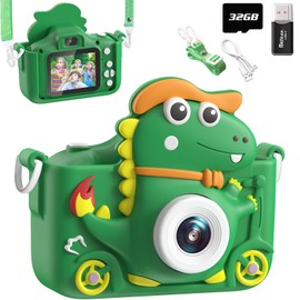 Children's Camera Dinosaur, Children's Camera 2 Inch Display 1080P, Selfie Digital Camera Children with 32 GB, Photo Camera Children for 3 4 5 6 7 8 9 10 11 12 Years Boys and Girls Gifts Toy (Green)
