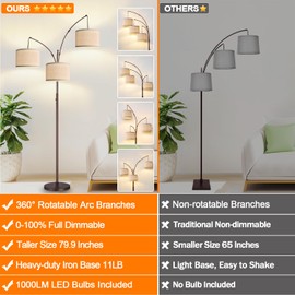Dimmable Floor Lamp - 3 Lights Arc Floor Lamps for Living Room, 1000LM Modern Tall Standing Lamp With Beige Shades, Mid Century Tree Floor Lamp for Bedroom Office, 3 LED Bulbs Included - Brown