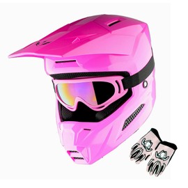 1Storm Youth Motocross Helmet ATV BMX MX Dirt Bike Go Kart Skate Kids Helmet Multi Sports Teenager Glossy Pink + Goggles + Gloves Bundle