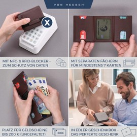 VON HEESEN Slim Wallet with RFID Protection - Men's Small Wallet - Mini Purse Women's Wallet - Card Holder Genuine Leather Card Wallet - Leather Credit Card Holder, dark brown, XL coin compartment