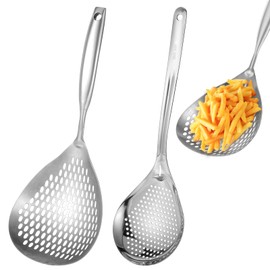 2 Pcs Skimmer Slotted Spoon, 304 Stainless Steel Skimmer Spoon Long Handle Spider Strainer Spoon Pasta Spoon Metal Ladle Spoon Fryer Scoop Wok Spatula for Cooking, Frying, Colander, Kitchen Utensils