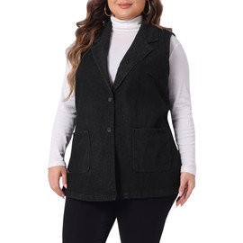 Agnes Orinda Plus Size Denim Vests for Women Dressy Sleeveless Lapel Casual Long Jean Jackets Tunic Vest 1X Black