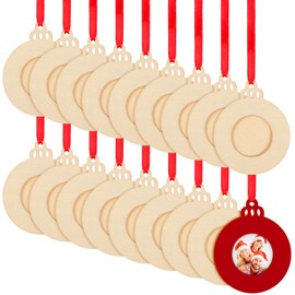 Maitys 18 Pieces Christmas Picture Frame Ornaments Unfinished Wooden Picture Ornament Xmas Round Bells Photo Ornament Photo Frames for Holiday Party DIY Picture Gifts Christmas Tree Decoration