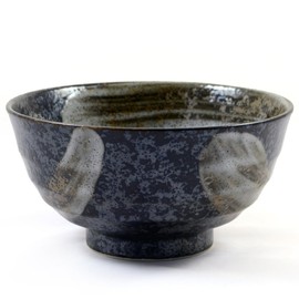 Japanese Ceramic Noodle, Sushi & Soup Bowl in Mottled Black & Silver Glazed Stoneware - 17cm