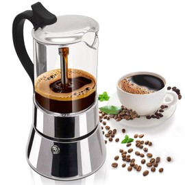 Mogrecha Clear Glass Moka Pot 4 Cup 220ml Stainless Steel Coffee Maker Uncoated Stovetop Espresso Coffeemaker Italian Classic Style Brewing Greca Cafe Mocha Machine for Cafeteras Camping Travel Home