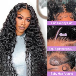 Mepurer 28 Inch Deep Wave Lace Front Wigs Human Hair with Baby Hair 200 Density 13x6 HD Lace Front Wigs Pre Plucked Glueless Deep Curly Lace Frontal Wig for Black Women Natural Color