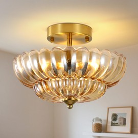 JOI0JES Gold Ceiling Light Fixture, 3-Light Bedroom Semi Flush Mount Ceiling Light Fixtures with Amber Glass Shade for Kitchen Island Living Room Hallway Entryway Foyer