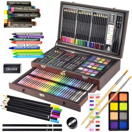 Sunnyglade 145 Piece Deluxe Art Set, Wooden Box & Drawing Kit with Crayons, O...