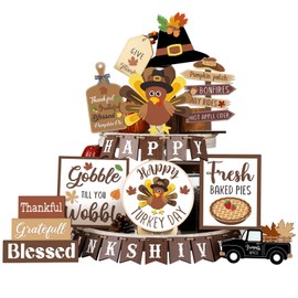 27 Pcs Thanksgiving Tiered Tray Decoration Turkey Thanksgiving Table Decoration Fall Farmhouse Rustic Wooden Sign Truck Turkey Baked Pies Fall Decoration Thanksgiving Home Kitchen Decorative Tray
