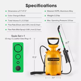 VIVOSUN 1.3Gal/5L Lawn Pump Pressure Sprayer 2.5bar 2 Patton w/ Shoulder Strap