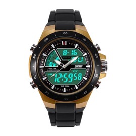 Dilwe Relojes Deportivos Hombres anal¨®gico visualizaci¨®n Digital multifunci¨®n luz de Espalda Dual Hora Alarma Reloj de Pulsera Redondo, Negro Dorado