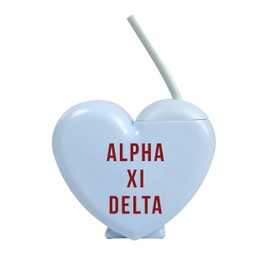 Sorority Shop Alpha Xi Delta Tumbler with Straw - Candy Heart Shaped 16 Oz Tumbler with Lid and Silicone Straw, Reusable Plastic Cup with Screen Printed Sorority Name for any Cold Drink