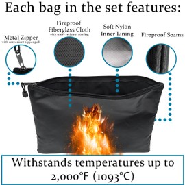 Set of 3 Fireproof Zipper Bags, Includes Large 15"x11", Medium 10"x7.8", and Small 8"x5" - Ideal for Documents, Valuables, and other Important Belongings (Black Color) - SciencePurchase