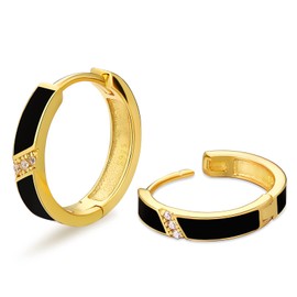 KRKC&CO Silver Hoop Earrings for Men, S925 Sterling Silver Mens Earrings 15mm, Iced Out Black Hypoallergenic 5A CZ Stones, Bling Jewelry for Man Homme(Slash-14K Gold Plated)