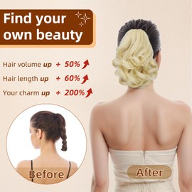 Tiklans Blonde Ponytail Extension, 9" Short Claw Clip in Ponytail Hair Extensions Hair Piece Natural Soft Synthetic Curly Wavy Pony Tail Hair Pieces for Women (Platinum Blonde