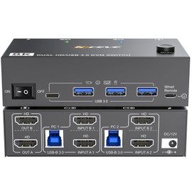 8K HDMI KVM Switch 2 Monitors 2 Computers 8K@60Hz 4K@144Hz, Camgeet Dual Monitor KVM Switch with 4 USB 3.0 Hub for Keyboard Mouse Printer,Wired Remote,12V Power Adapter and USB Cables Included