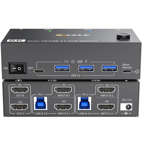 8K HDMI KVM Switch 2 Monitors 2 Computers 8K@60Hz 4K@144Hz,