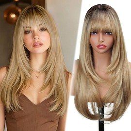 Sangtok Long Ombre Blonde Layered Wig with Bangs for Women, 26 Inch