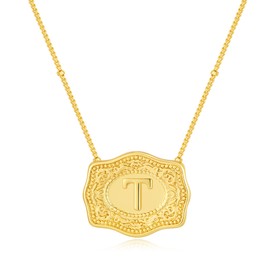 Belt Buckle Necklace With Initial For Women, 18k Gold Plated Mini Embossed Letter Pendant Western Charm Gift Jewelry, Medium, Copper, No Gemstone