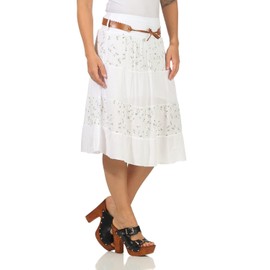 Zarmexx Women's Midi Skirt Cotton Skirt Summer Skirt Knee-Length with Belt Skirt with Floral Pattern, White
