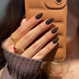 KQueenest 30 Pcs Acrylic Press on Nails Short Almond, Dark Brown False Nails Short Almond, Glossy Solid Color Stiletto Fake Nails Set, Reusable Natural Gel Stick on Nail for Women Finger Daily Wear