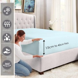 Pizuna 100% Cotton Single Fitted Sheet Baby Blue, 400 Thread Count Long Staple Cotton Single Fitted Sheet 90x200 cm, Sateen Weave 40 cm Deep Pocket Single Fitted Sheet 1 PC Baby Blue