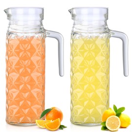 Gejoy 2 Pcs Glass Pitcher with Lid Fridge Pitcher with Handle Glass Water Pitcher Practical Juice Containers Easy to Use Milk Jug Jar Carafe for Lemonade, Iced Tea, Cocktails, Water (Diamond, 40 oz)