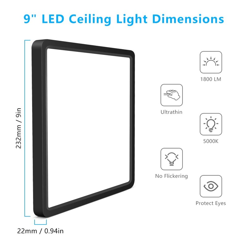 9Inch 18W Square LED Ceiling Light Fixtures Flush Mount, 5000K
