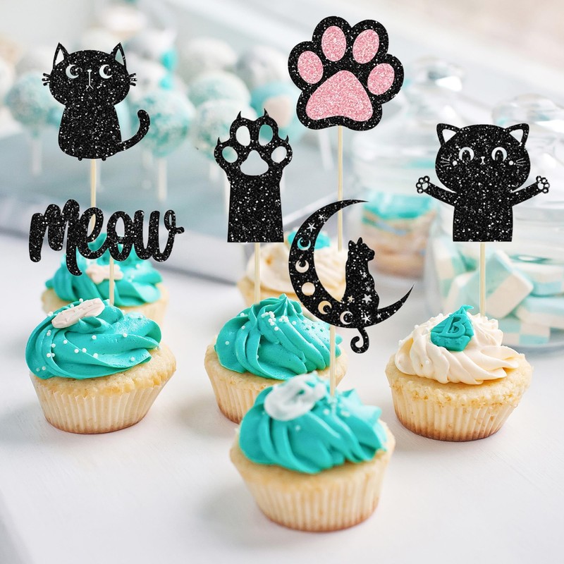 12 Pcs Cat Cupcake Topper, Black Glitter Cat Meow Cupcake