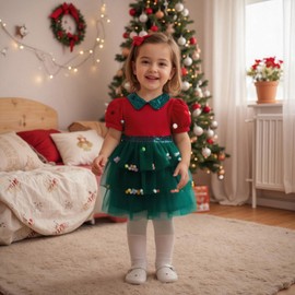 Toddler Baby Girl Christmas Princess Dress Short Sleeve Sequin Peter Pan Collar Pom Poms Xmas Tree Layered Tulle Tutu Dresses (Red, 3-4 Years)