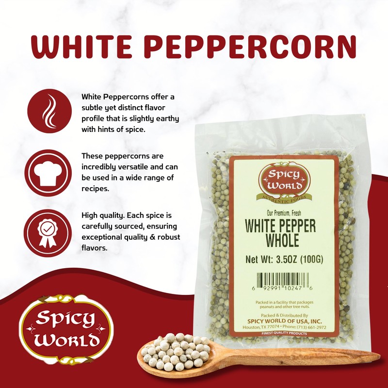 Spicy World Whole White Pepper 3.5 Ounce | 100% Natural