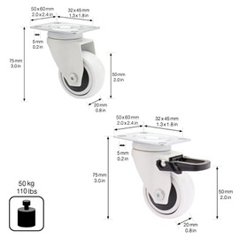 Wagner Design 3C 02225104 Swivel Castors / Apparatus Castors / Furniture Castors 4-Piece Set - White, Soft Tread Diameter 50 mm, 2 Castors Without and 2 with Locking Mechanism, Ball Bearing, Load