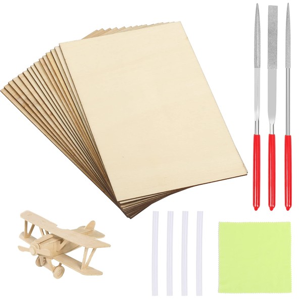 BIGKASI 15Pcs Wood Sheets Balsa Wooden Plate Model Craft Thin Balsawood Sheets Unfinished Natural Wood Plywood with Round Flat Triangle File for DIY Mini House Ship Model Making 150mm x 100mm x 2mm
