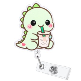 Dino With Iced Coffee Funny Medical Badge Reel | Retractable ID Card Dinosaur Badge Holder | Name Tag Work Badge Clip for RN LPN CNA MA Night Shift Nurse Nursing Student Doctor | Nurse Gifts | Acrylic