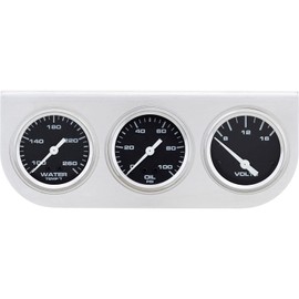 Speedway Motors 3-Gauge Set with Brushed Aluminum Panel Includes Oil Pressure, Water Temperature and Voltmeter Gauges, White Face with Stainless Bezels, Universal Fit