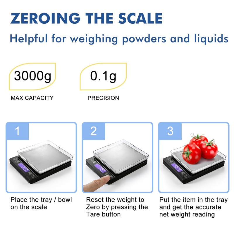 KitchenTour Digital Kitchen Gram Scale - 3000g/0.1g - High Accuracy