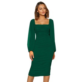 Odizli Women's Elegant Mesh Long Sleeve Bodycon Midi Dress Festive Wedding Party Dress, Green