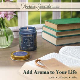 Christian Art Gifts Natural Soy Wax Inspirational Scented Candle: Be Still & Know Psalm, Blue Floral Glass Jar, Secure Metal Twist Lid, Pure Essential Oils, Lead-Free Cotton Wick, Nordic Seaside Scent