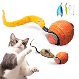 Automatic Cat Toy – GlobalSun Speedy Tail 2.0 Interactive Cat Toy Ball, USB-Rechargeable, Motion-Activated, 4 Tails Including Mouse Tail for Indoor Cats