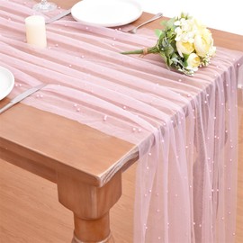 Dlpafzy Blushing Pink Pearl Fall Thanksgiving Table Runner Boho Rustic Tulle Lace Table Runner for Baby Shower Wedding Arch Decor Veil Dessert Table Decor 3pcs