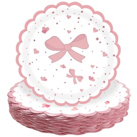 HEIPINIUYE 50 Pieces Light Pink Bow Paper Plates 9 Inch Pink Scalloped Plates Disposable Dinner Plate for Wedding Baby Shower Birthday Party Dessert Plate