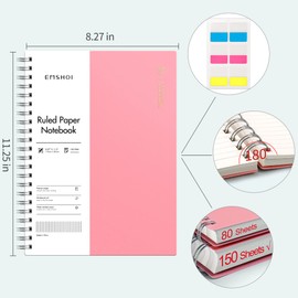 EMSHOI A4 Spiral Notebook College Ruled Lined Journal, 11.2" x 8.27", 300 Pages, 100gsm Thick Paper, Waterproof Softcover, Twin-Wire Binding, Sticky Notes, Pink