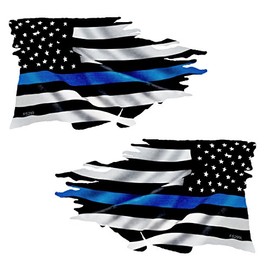 Thin Blue Line Tattered Flag Sticker Mirrored 2 Pack