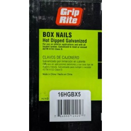 Grip-Rite 5 Lbs Grip Rite Smooth Shank 16D 3-1/2" Box Nails Hot Dipped Galvanized. 16HGBX5