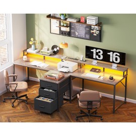 Casaottima 94 Inch 2 Person Home Office Computer Desk with Power Outlet & LED Light, Fabric Drawers & File Cabinet, Long Writing Desk with Monitor Stand, Storage Shelves, Study/Work Table, Grey