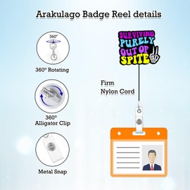 Arakulago Badge Reel Retractable Funny Nurse Nursing Badge Holder with ID Clip Accessories Surviving Purely Out of Spite RN CNA Medical Assistant Glitter Pink Acrylic Name Badge Clip Hospital Jler63