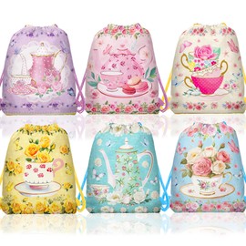 12 Pcs Tea Party Drawstring Bag Set, Colorful Floral Non-Woven Backpack Storage Bags, Ideal for Travel, Fitness, and Daily Use 3 Designs