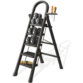 BETEAM 5 Step Ladder 330 lbs Heavy Duty Folding Ladders for Home Kitchen Latter with Tool Rack Tall Escaleras para Casa -Black