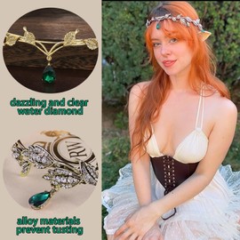 Yuqilin Elf Crown Tiara Elf Headpiece Leaf Crystal Crown Elf Cosplay Fairy Costume Women's Headband Green Tiara Gold for Women Girls Cosplay Renaissance Bride Bridesmaids, Metal Rhinestone
