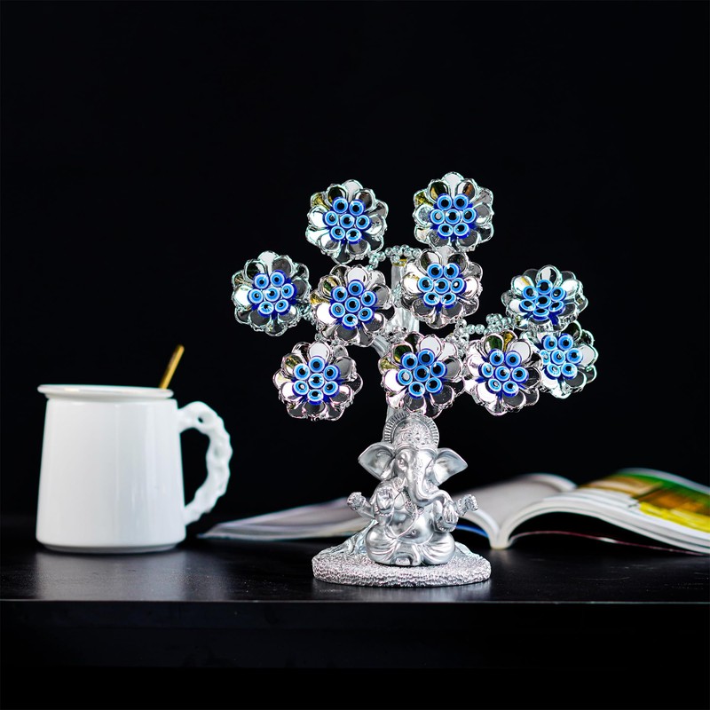 Evil Eye Flowers Lucky Tree with Silver Ganesha Hindu Elephant